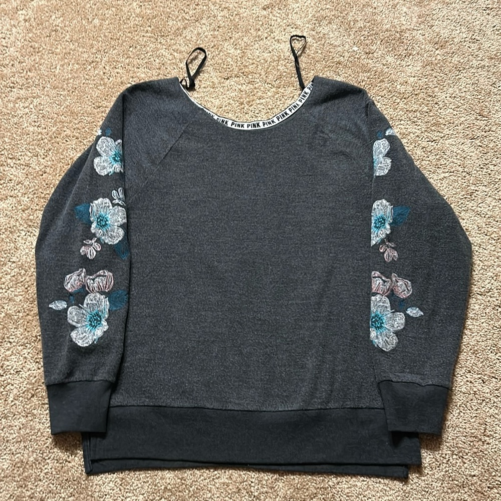 Victoria’s Secret PINK Off The Shoulder Flower Embroidered Sweatshirt